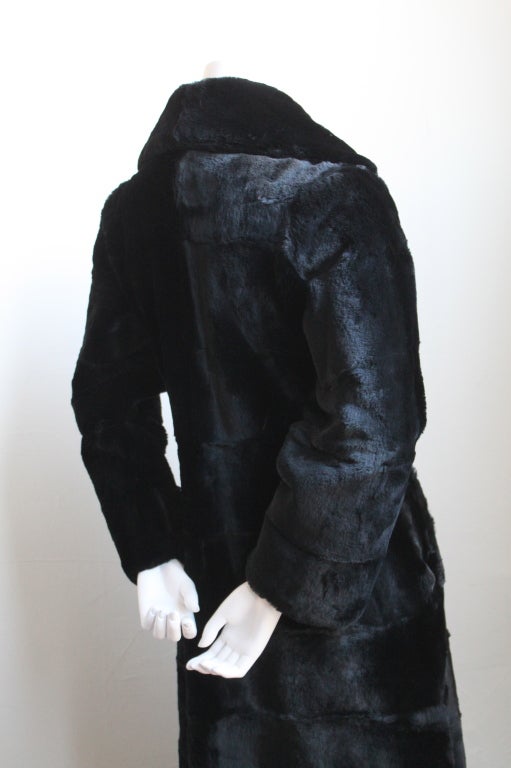 Black 1950's REVILLON full length sheared fur coat with gold buttons