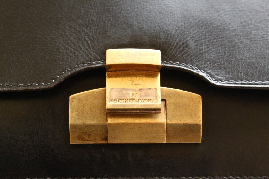 1940's HERMES black top handle bag with gilt hardware For Sale at 1stDibs