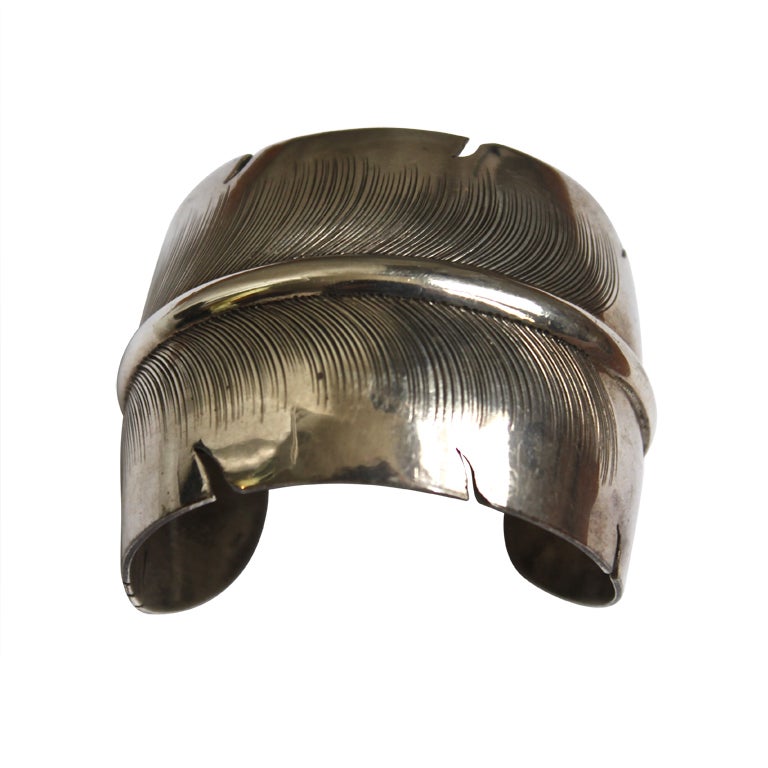1970's handmade sterling silver feather cuff