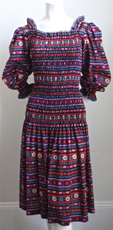 1970's YVES SAINT LAURENT smocked wool challis peasant dress