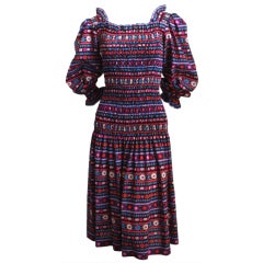 1970's YVES SAINT LAURENT smocked wool challis peasant dress
