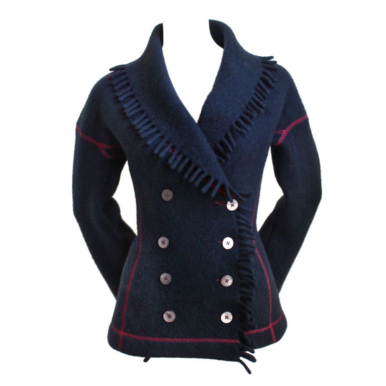 90's AZZEDINE ALAIA navy wool fringed jacket with red stitching at 1stDibs