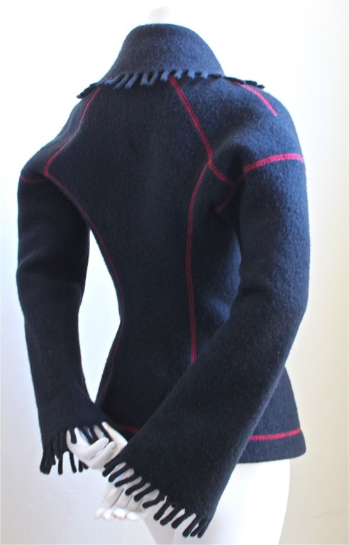90's AZZEDINE ALAIA navy wool fringed jacket with red stitching