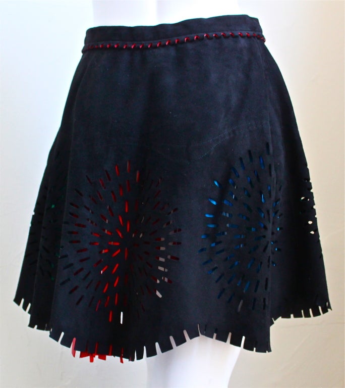 Women's 1994 AZZEDINE ALAIA suede laser cut skirt with colored fringe
