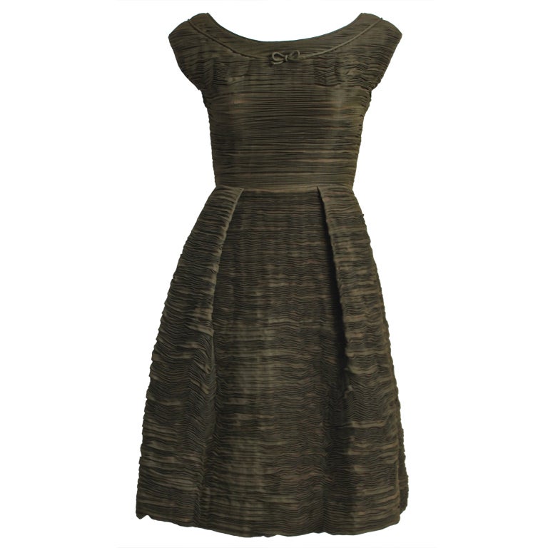1950's SYBIL CONNOLLY haute couture hand pleated olive dress