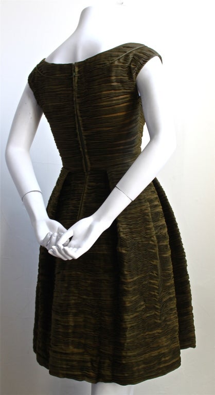 1950's SYBIL CONNOLLY haute couture hand pleated olive dress In Excellent Condition In San Fransisco, CA