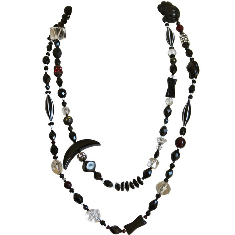 Vintage 1920's Czech Crystal & Black Glass Art Deco Sautoir Necklace