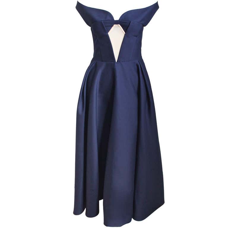 RAF SIMONS for JIL SANDER navy gown with sheer paneling at 1stDibs