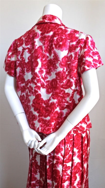Red 1950's LUCILE MANGUIN haute couture silk apron dress and jacket For Sale
