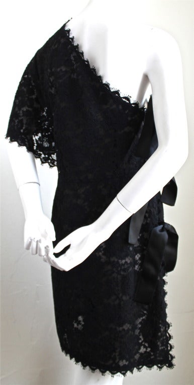 1980's YVES SAINT LAURENT asymmetrical lace dress with ties In Excellent Condition In San Fransisco, CA