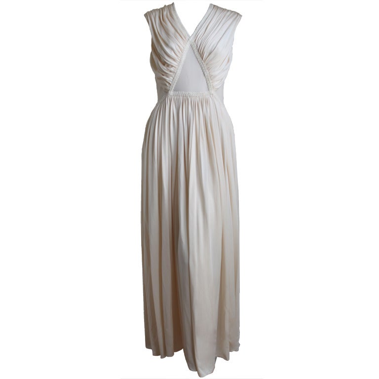 GRES cream pleated silk dress with sheer panels at 1stdibs