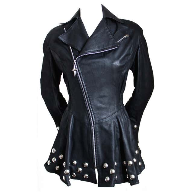 1990's THIERRY MUGLER black leather jacket with oversized silver studs ...