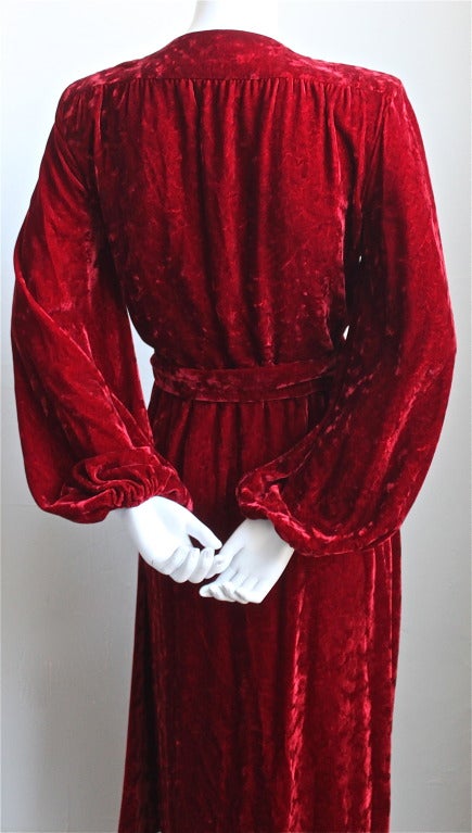 1970's YVES SAINT LAURENT crimson floral velvet devore wrap dress In Excellent Condition In San Fransisco, CA