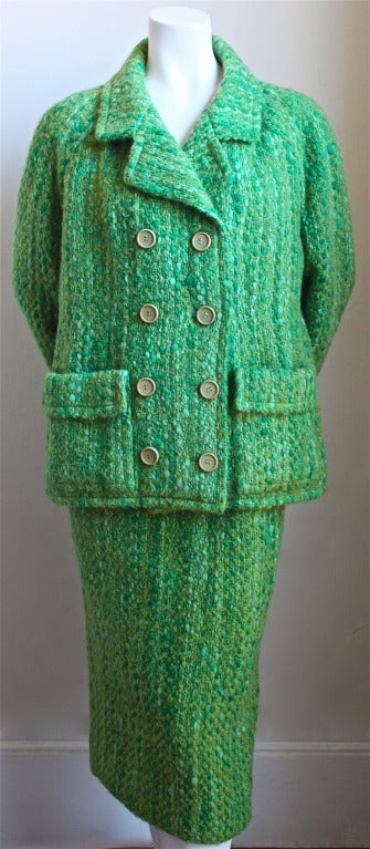 1950er BALENCIAGA grüner Tweed-Boucle-Haute-Couture-Rockanzug