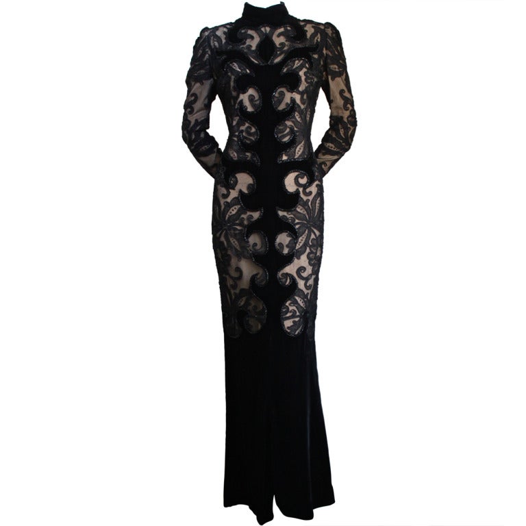 1960's PIERRE BALMAIN velvet and lace dress with beading at 1stDibs