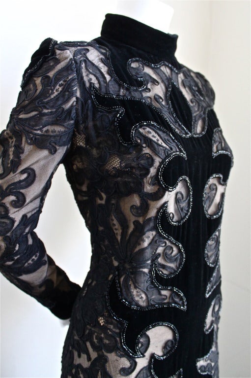 1960's PIERRE BALMAIN velvet and lace dress with beading In Good Condition In San Fransisco, CA