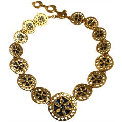 1980's YVES SAINT LAURENT gilt necklace with blue enamel and glass stone 6