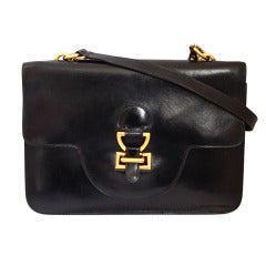 1970's HERMES jet black 'Sandrine' box leather bag with gilt hardware