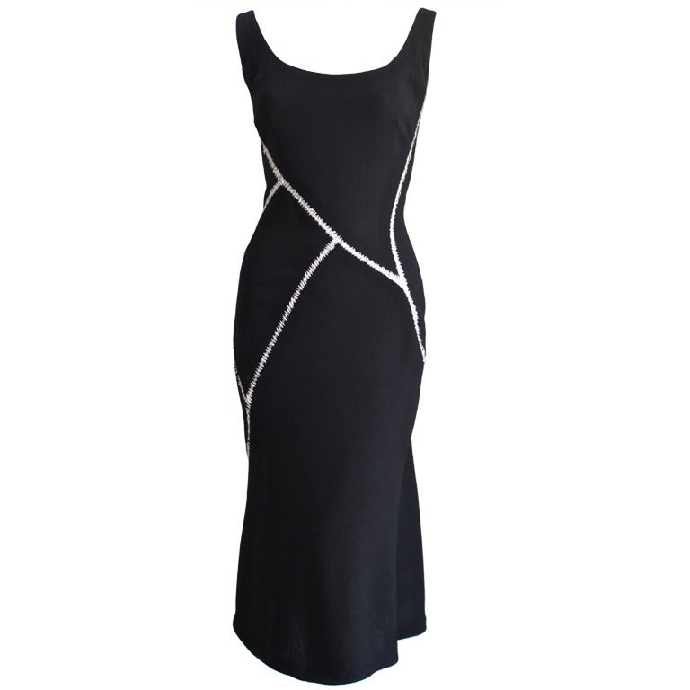ALEXANDER MCQUEEN black wool dress with white stitching For Sale at