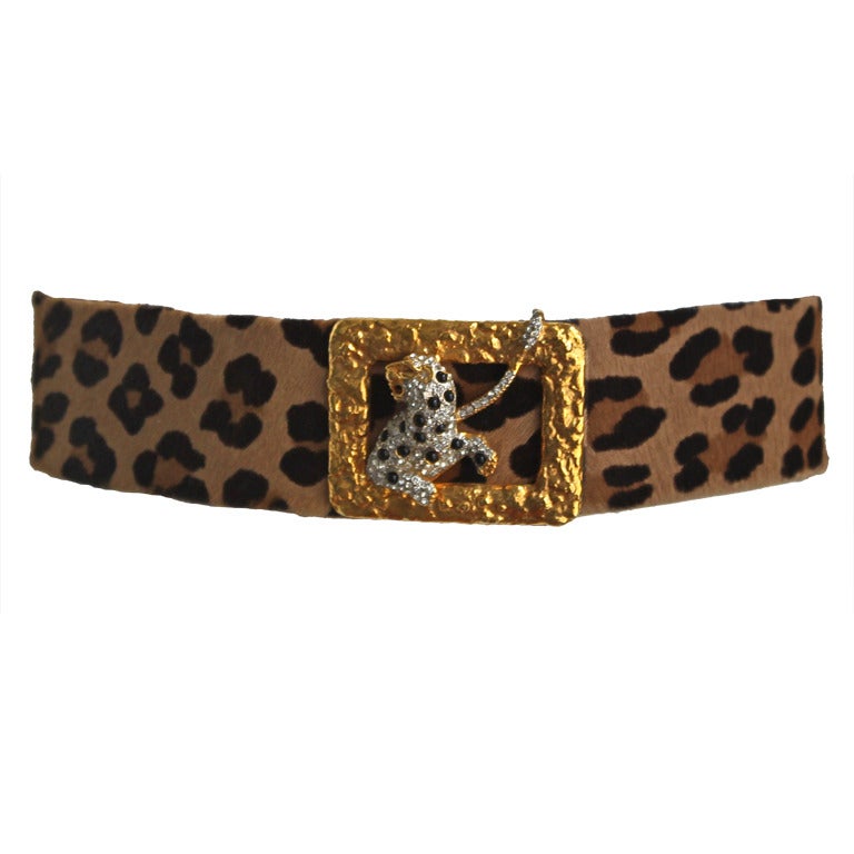 1960's KENNETH JAY LANE pony fur belt with leopard buckle