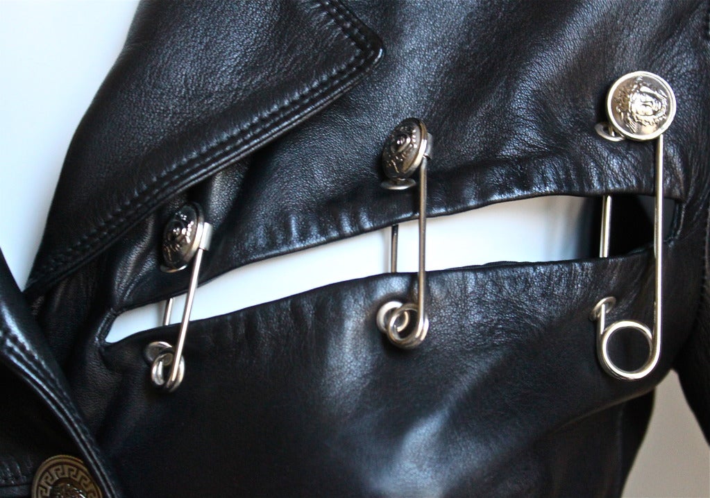 rare GIANNI VERSACE black leather jacket with safety pins 1994 In Excellent Condition In San Fransisco, CA