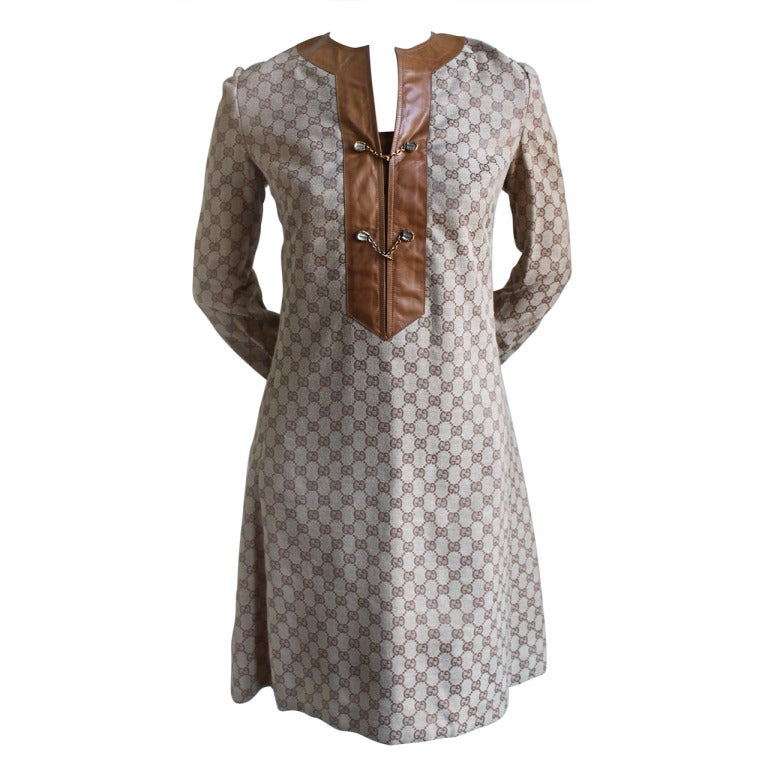 1970's GUCCI monogramed canvas tunic dress with leather trim