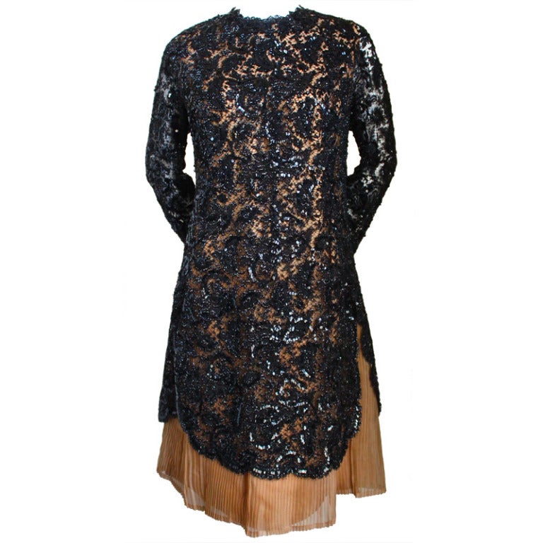 1960's EISA / BALENCIAGA haute couture lace dress with sequins and pleats  at 1stDibs | balenciaga lace dress