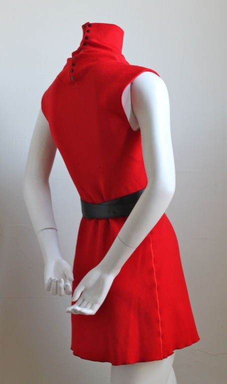 1990's AZZEDINE ALAIA red wool dress with black wrap belt 1