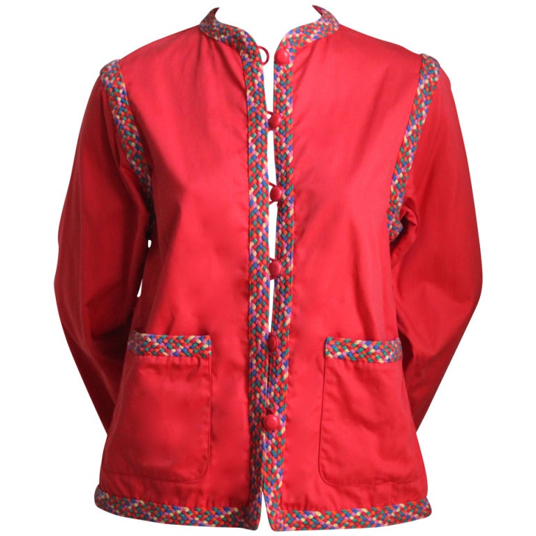 1970's YVES SAINT LAURENT red jacket with colorful woven trim