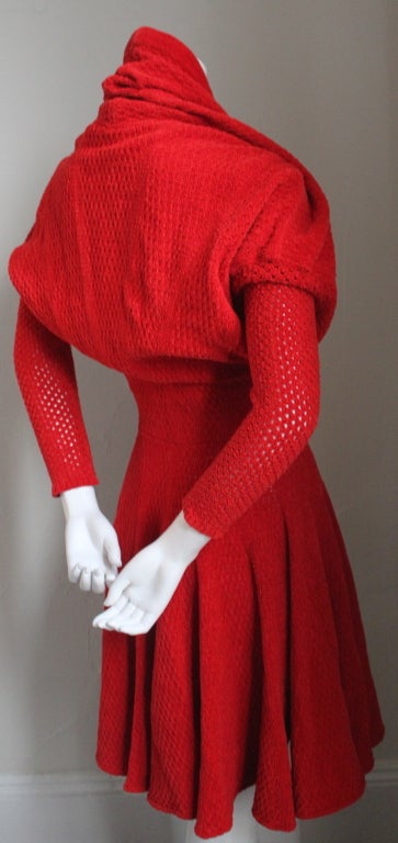 Red chenille dress with shawl collar from Azzedine Alaia dating to the 1990's. Dress best fits a size XS or S (25