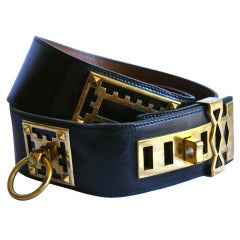 1980's HERMES Collier de Chien navy leather belt with gold hardware