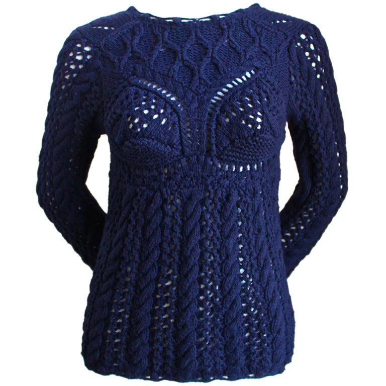 COMME DES GARCONS navy pointelle hand-knit sweater with bra detail