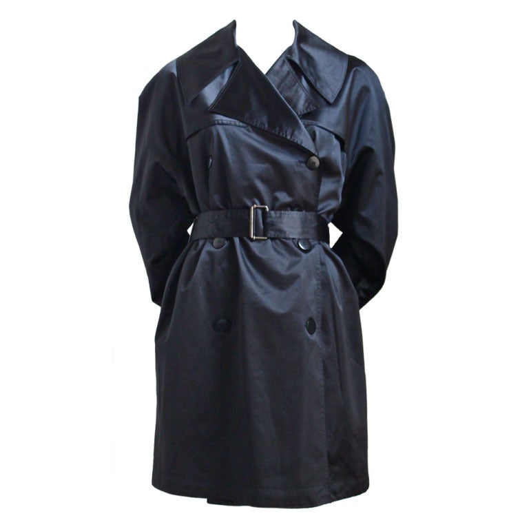 AZZEDINE ALAIA black sateen trench coat with belt - 1992 at 1stDibs