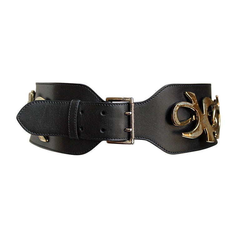 Very unusual jet black leather belt with metal hardware from Azzedine Alaia. Labeled a French size 75. Width is just over 3