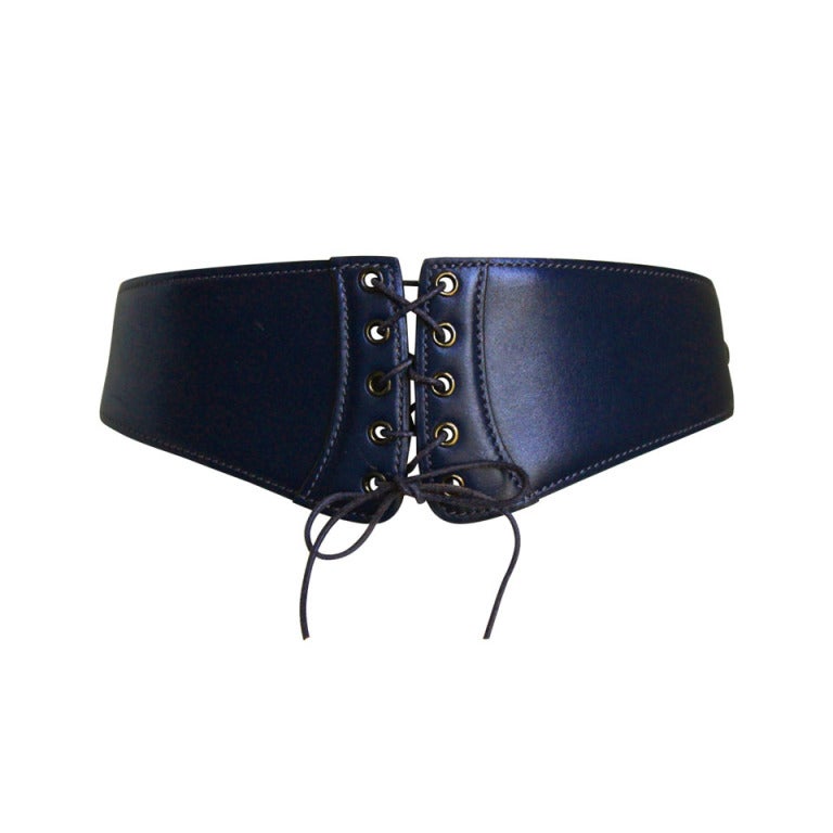 1990's AZZEDINE ALAIA deep marine blue leather lace up belt