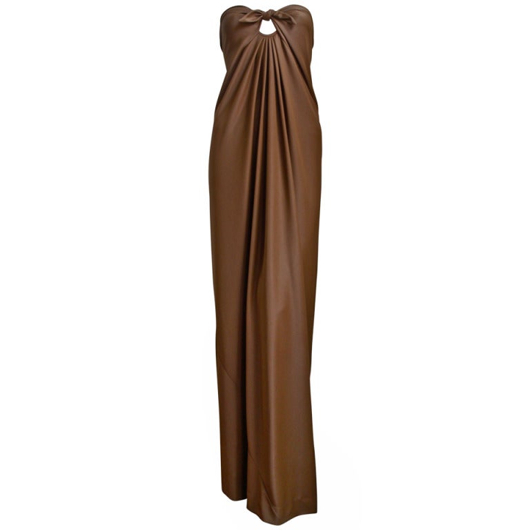 1976 HALSTON cocoa jersey spiral cut strapless gown