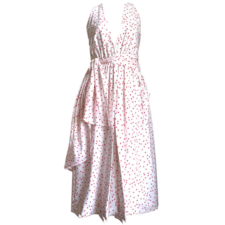 1978 HALSTON white cotton wrap dress with red hearts