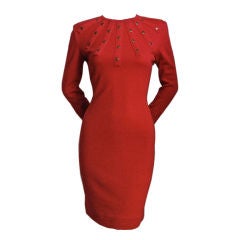 Retro GUY LAROCHE red dress with brass studs