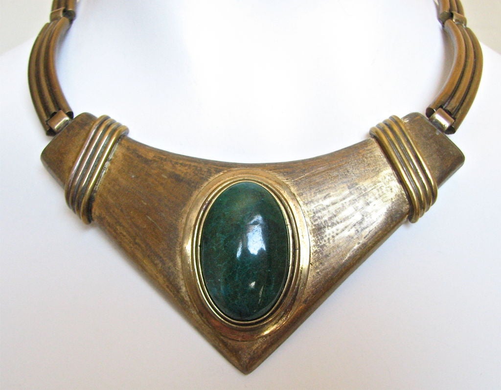 Gorgeous textured brass necklace with large oval jasper cabochon. Fabulous patina. Handmade by Morita Mil from Chile. EXCELLENT CONDITION.