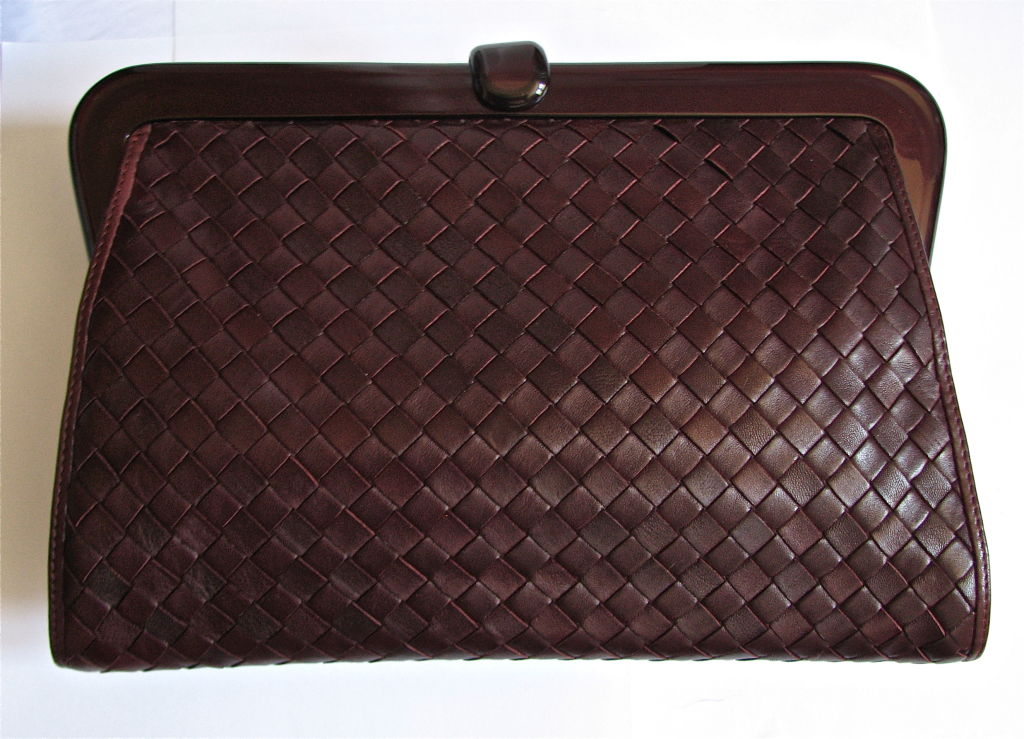 BOTTEGA VENETA burgundy woven leather clutch with lucite frame 1