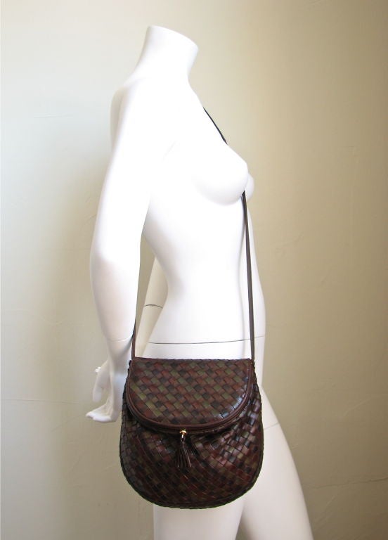 BOTTEGA VENETA brown green & burgundy woven leather creel bag 1