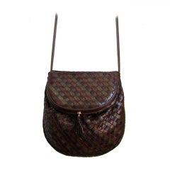 Vintage BOTTEGA VENETA brown green & burgundy woven leather creel bag