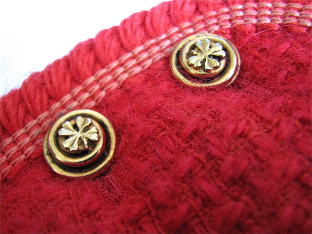 CHANEL red boucle wool suit with clover buttons 2