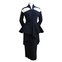 JACQUES FATH navy blue dress with peplum waist