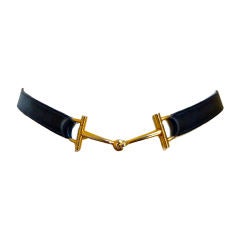 Vintage HERMES navy leather belt with gilt horse bit