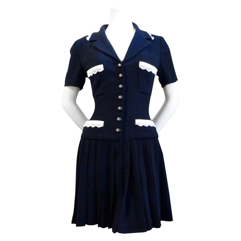 CHANEL navy and white mini dress with lace trim at 1stdibs