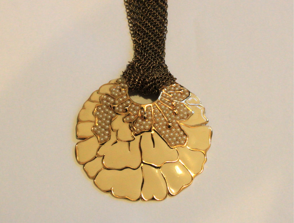 massive LANVIN gilt and enameled necklace with seed pearls