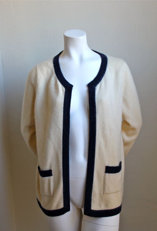 CHANEL cream cashmere cardigan with navy trim
