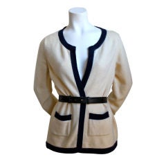 CHANEL cream cashmere cardigan with navy trim