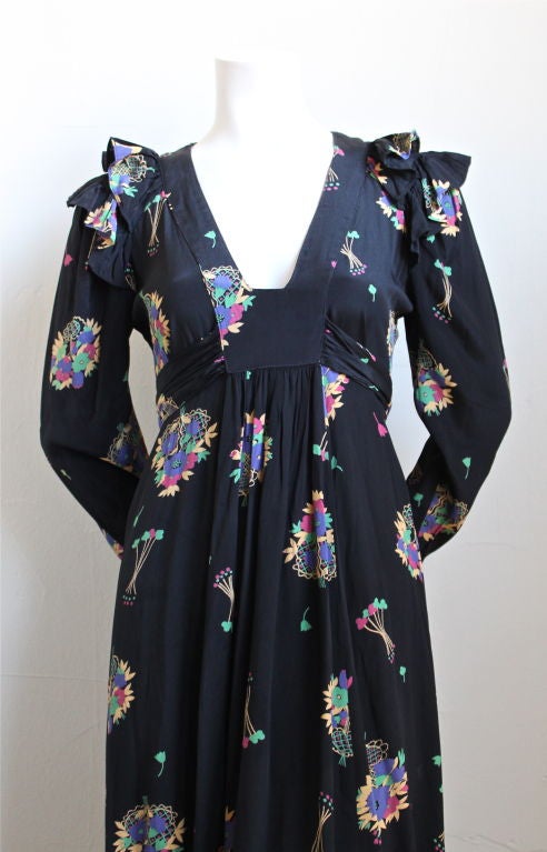 Iconic Ossie Clark 'Lulu' dress with Celia Birtwell print. Ca. 1975. UK 12. Zips up back and ties under bust line. Excellent condition.